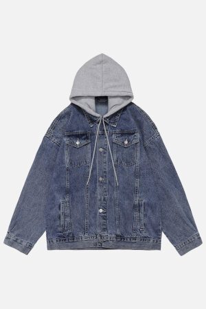 Concert Outfit Detachable Hood Solid Denim Jacket