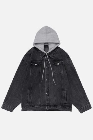 Concert Outfit Detachable Hood Solid Denim Jacket