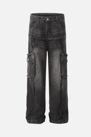 Concert Outfit Detressed Raw Edge Multi-Pocket Cargo Jeans