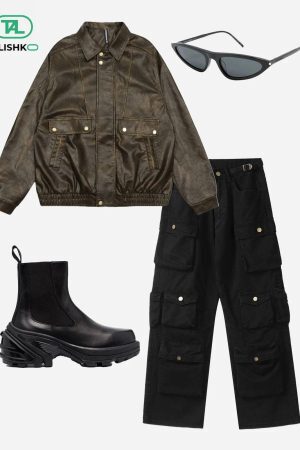 Concert Outfit Dip-Dye Washed Faux Leather Jacket