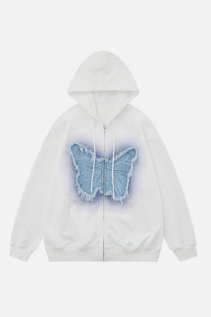 Concert Outfit Distressed Butterfly Patch Cardigan Hoodie