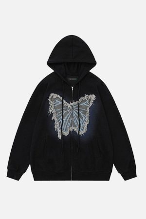 Concert Outfit Distressed Butterfly Patch Cardigan Hoodie