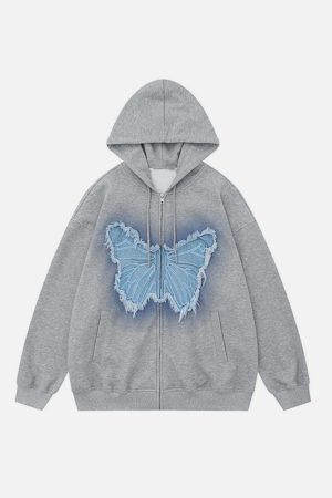 Concert Outfit Distressed Butterfly Patch Cardigan Hoodie