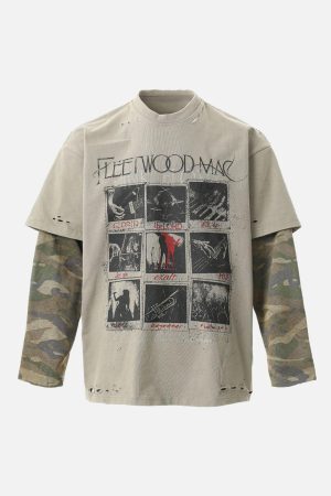 Concert Outfit Distressed Camouflage Faux Two-Piece Graphic T-Shirt
