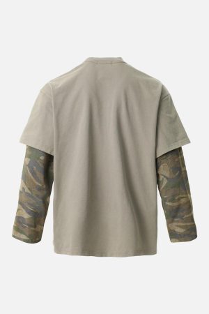 Concert Outfit Distressed Camouflage Faux Two-Piece Graphic T-Shirt