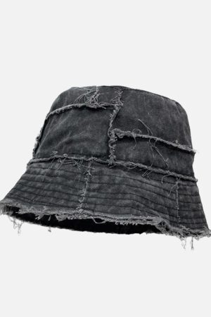 Concert Outfit Distressed Denim Raw Edge Destroyed Bucket Hat