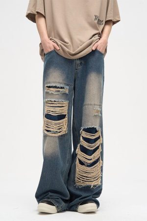 Concert Outfit Distressed Design Loose Jeans