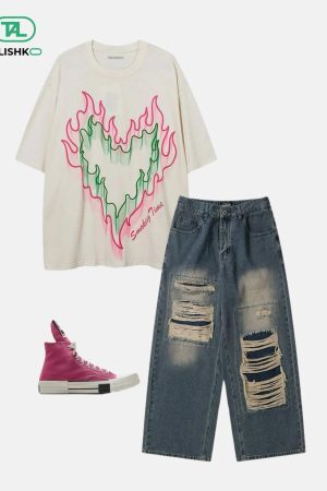 Concert Outfit Distressed Design Loose Jeans