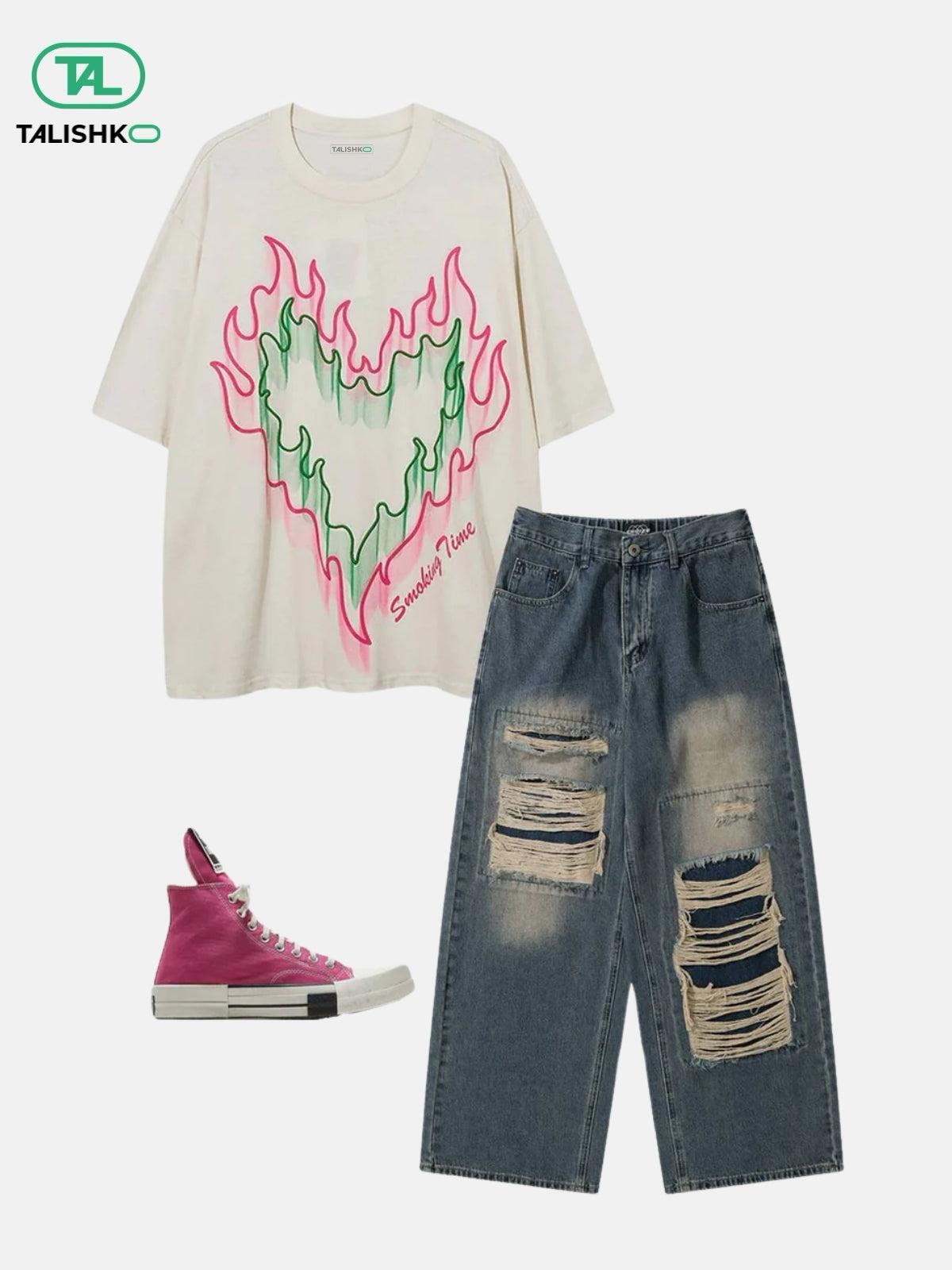 Concert Outfit Distressed Design Loose Jeans Concert Outfit Distressed Design Loose Jeans