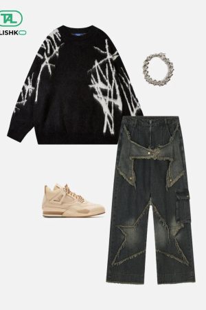 Concert Outfit Distressed Effect Patchwork Star Denim Jeans
