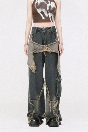 Concert Outfit Distressed Effect Patchwork Star Denim Jeans