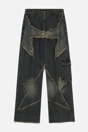 Concert Outfit Distressed Effect Patchwork Star Denim Jeans