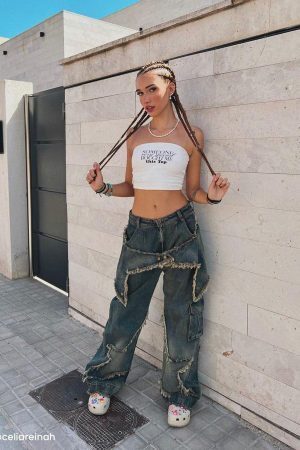 Concert Outfit Distressed Effect Patchwork Star Denim Jeans