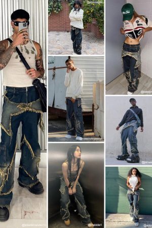 Concert Outfit Distressed Effect Patchwork Star Denim Jeans