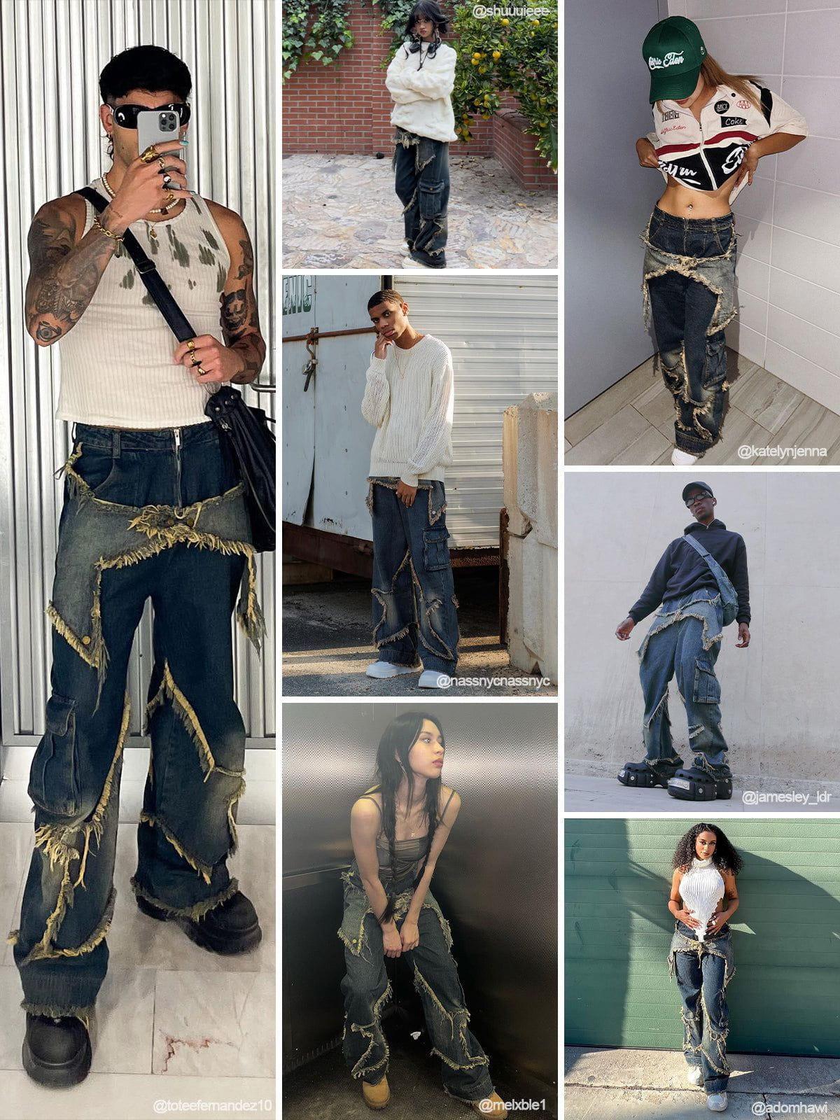 Concert Outfit Distressed Effect Patchwork Star Denim Jeans Concert Outfit Distressed Effect Patchwork Star Denim Jeans