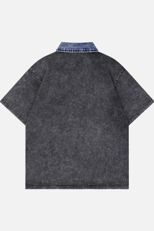 Concert Outfit Distressed Embroidered Denim Collar Polo Shirt