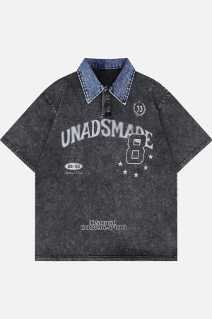 Concert Outfit Distressed Embroidered Denim Collar Polo Shirt