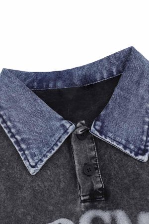Concert Outfit Distressed Embroidered Denim Collar Polo Shirt