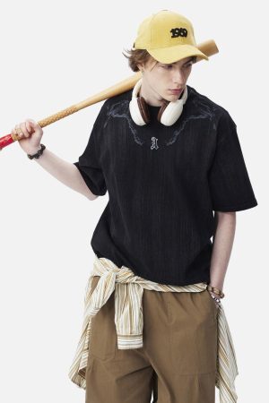 Concert Outfit Distressed Embroidered Letter T-Shirt