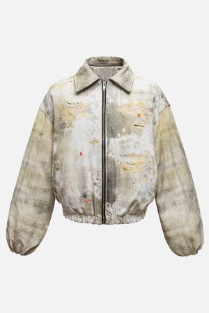 Concert Outfit Distressed Graffiti Gradient Quilted Bomber Jacket