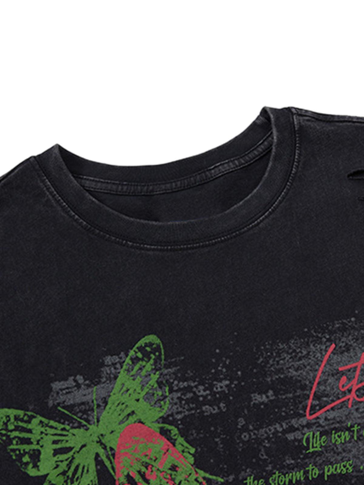 Concert Outfit Distressed Graphic Butterfly Print Vest Concert Outfit Distressed Graphic Butterfly Print Vest