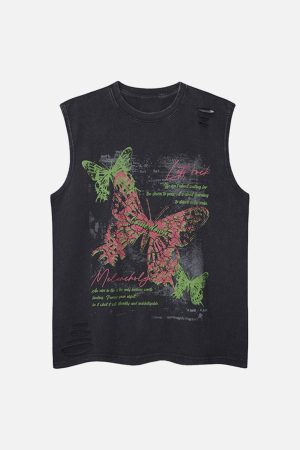 Concert Outfit Distressed Graphic Butterfly Print Vest