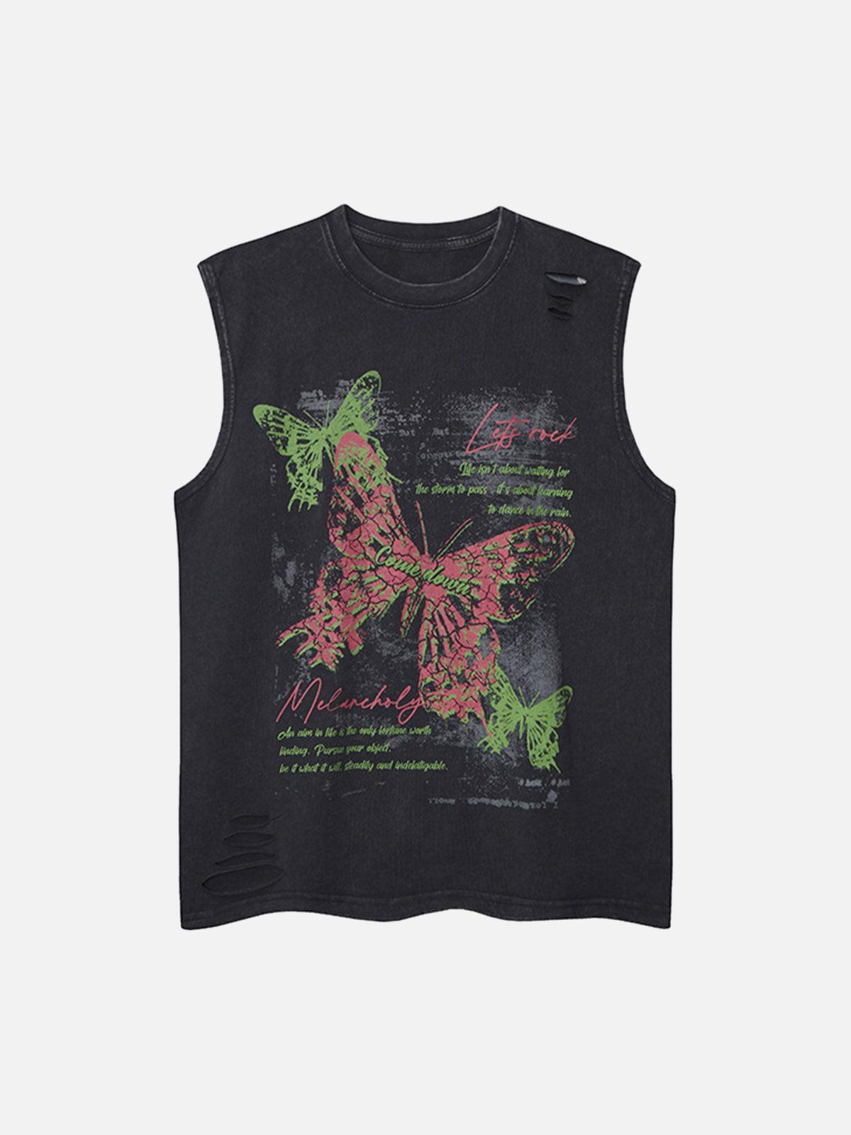 Concert Outfit Distressed Graphic Butterfly Print Vest Concert Outfit Distressed Graphic Butterfly Print Vest