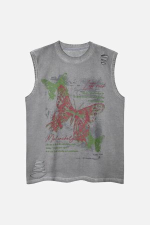 Concert Outfit Distressed Graphic Butterfly Print Vest