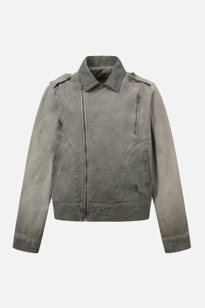 Concert Outfit Distressed Irregular Zip Up Denim Jacket