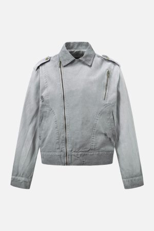 Concert Outfit Distressed Irregular Zip Up Denim Jacket