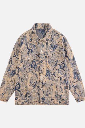 Concert Outfit Distressed Jacquard Denim Jacket