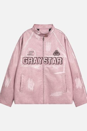 Concert Outfit Distressed Letter Embroidery Motorcycle PU Leather Jacket