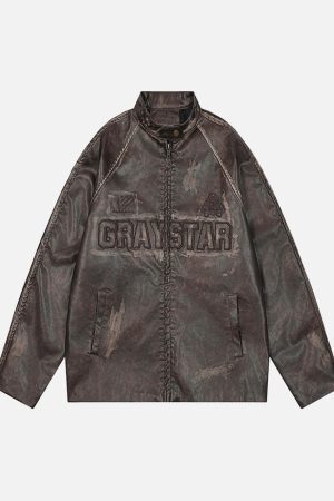 Concert Outfit Distressed Letter Embroidery Motorcycle PU Leather Jacket