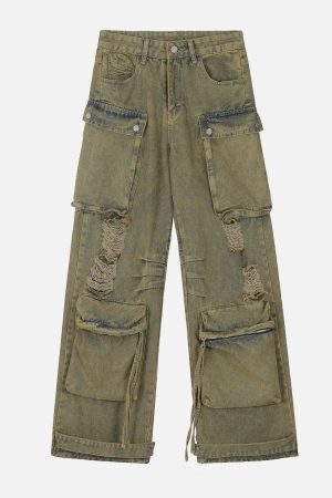 Concert Outfit Distressed Multi Pocket Loose Jeans