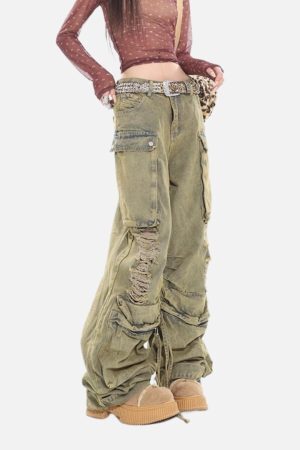 Concert Outfit Distressed Multi Pocket Loose Jeans