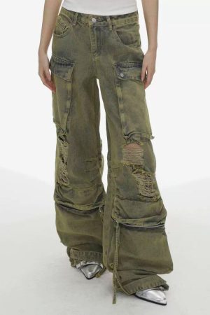 Concert Outfit Distressed Multi Pocket Loose Jeans