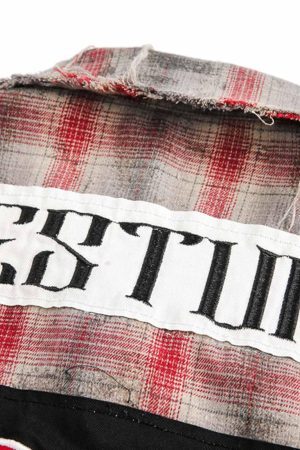 Concert Outfit Distressed Patch Plaid Short-Sleeve Shirt