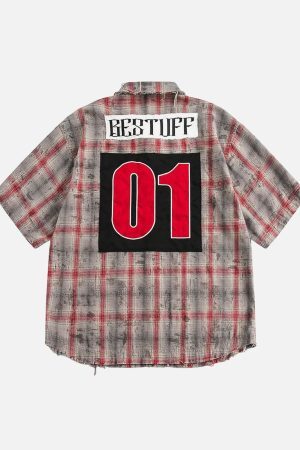 Concert Outfit Distressed Patch Plaid Short-Sleeve Shirt