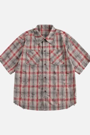 Concert Outfit Distressed Patch Plaid Short-Sleeve Shirt