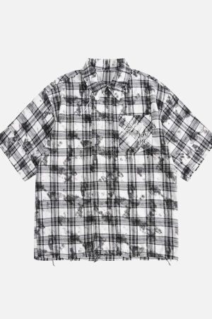 Concert Outfit Distressed Plaid Lace Short-Sleeve Shirt