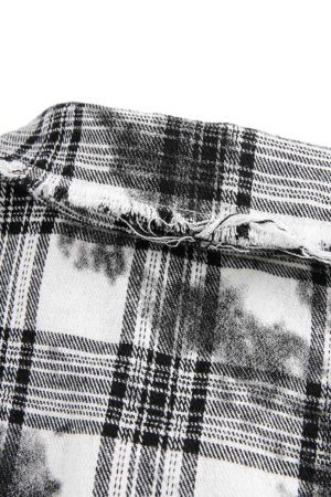 Concert Outfit Distressed Plaid Lace Short-Sleeve Shirt