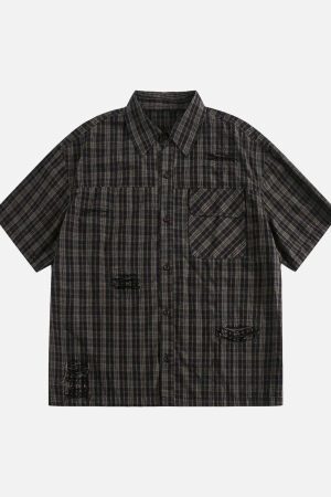 Concert Outfit Distressed Plaid Short-Sleeve Shirt