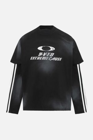 Concert Outfit Distressed Printed Faux Two-Piece Long-Sleeved T-Shirt