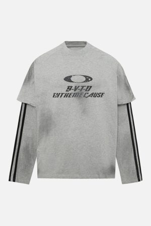 Concert Outfit Distressed Printed Faux Two-Piece Long-Sleeved T-Shirt