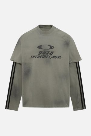 Concert Outfit Distressed Printed Faux Two-Piece Long-Sleeved T-Shirt