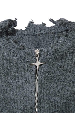 Concert Outfit Distressed Quarter Zip Sweater