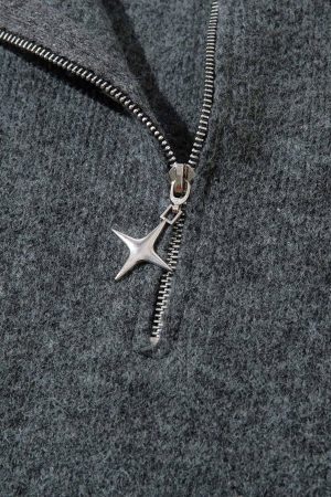 Concert Outfit Distressed Quarter Zip Sweater