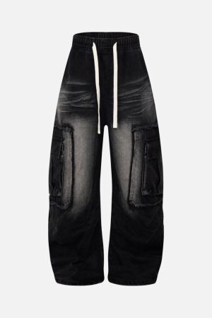 Concert Outfit Distressed Raw Edge Cargo Drawstring Barrel Jeans