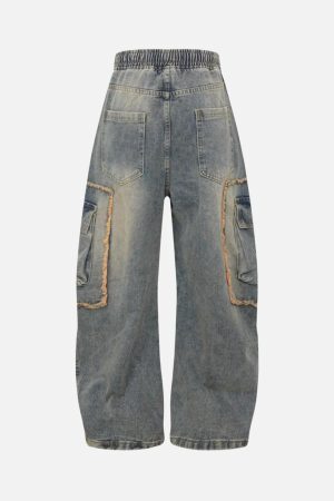 Concert Outfit Distressed Raw Edge Cargo Drawstring Barrel Jeans