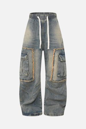 Concert Outfit Distressed Raw Edge Cargo Drawstring Barrel Jeans